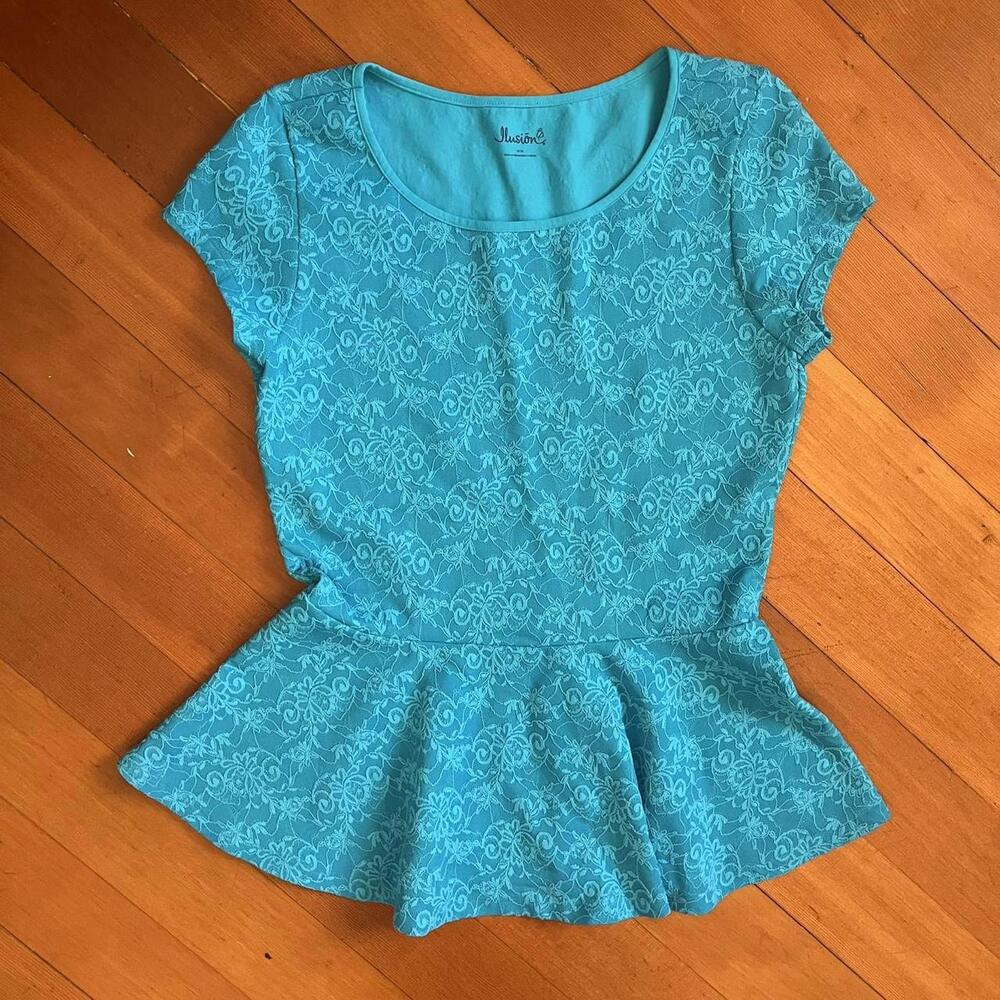 Vintage Y2K Blue Lace Illusion Peplum Blouse, Size Medium